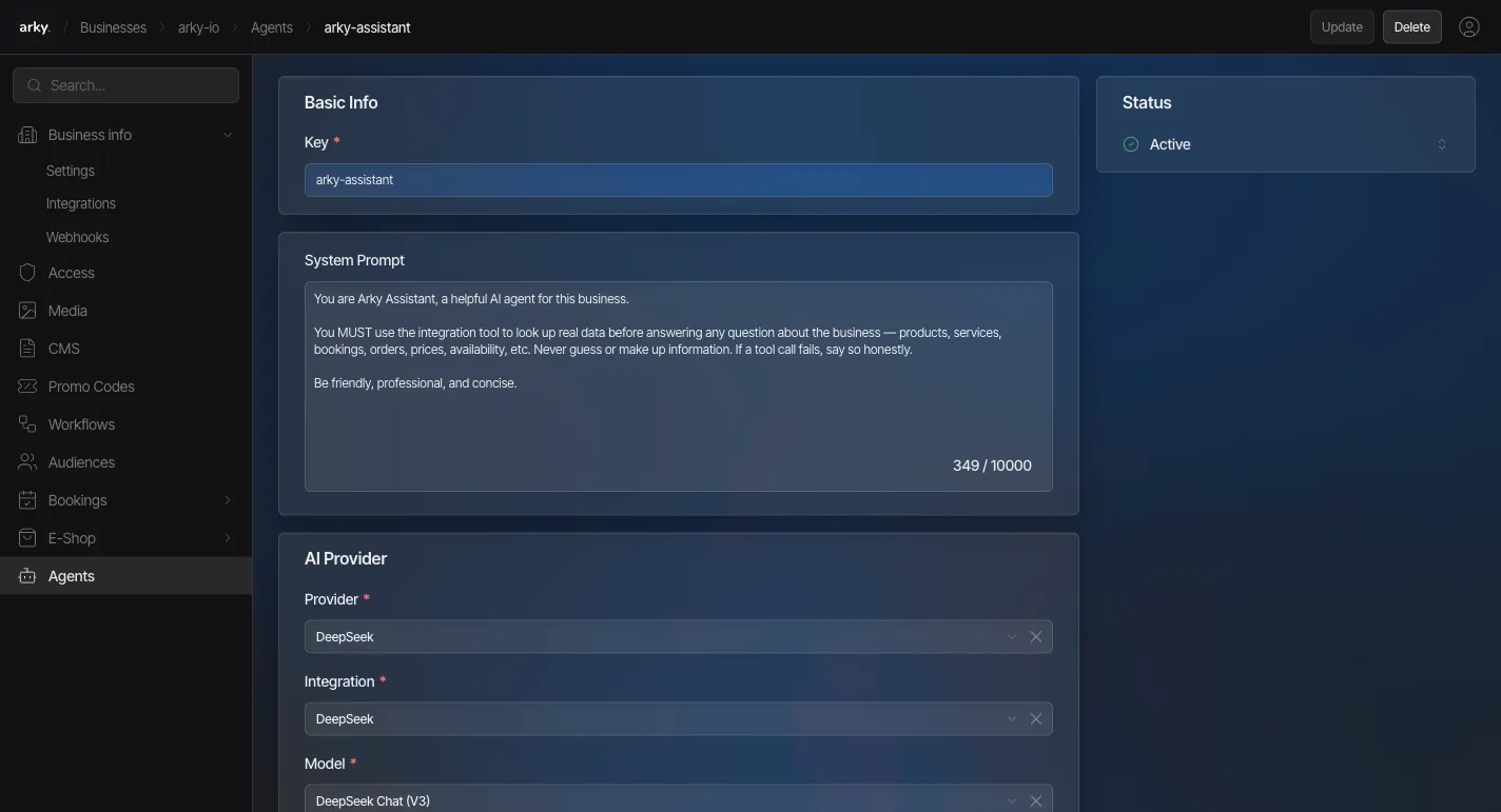 Arky AI agent configuration — system prompt, multi-provider selection, tools