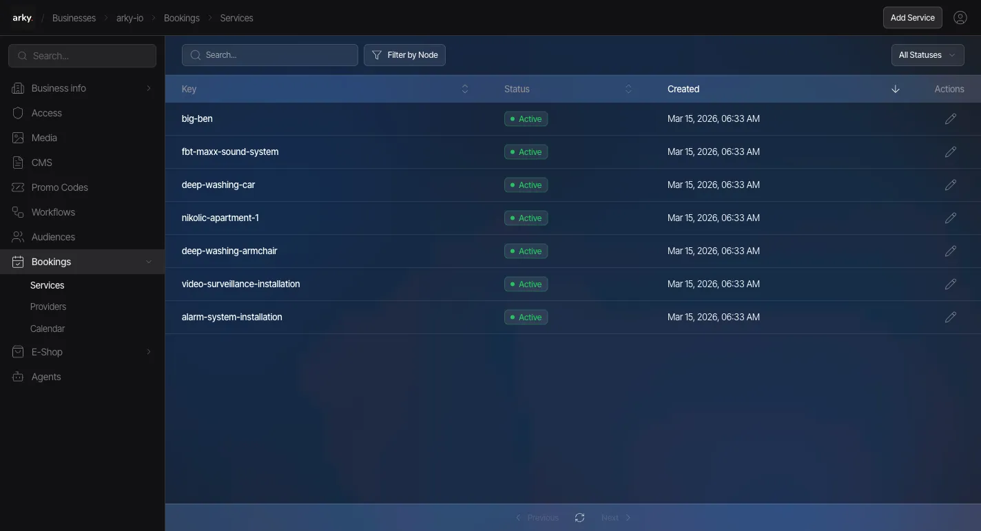 Arky bookings — services list with pricing and provider management