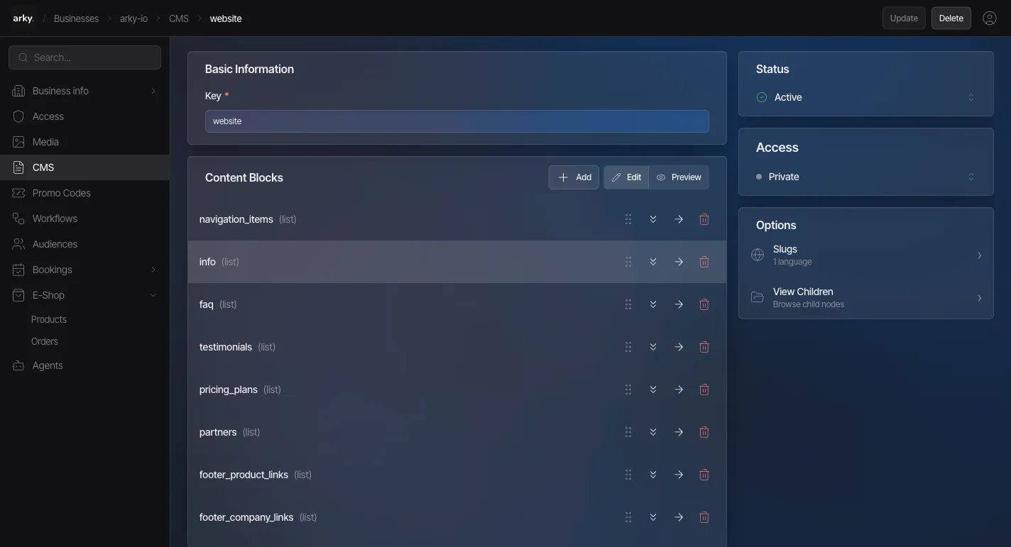 Arky CMS — block-based content editor with localization and custom fields