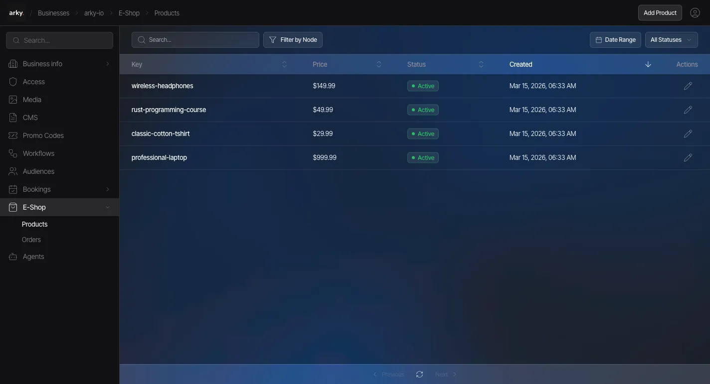 Arky e-shop — product list with pricing, variants, and inventory